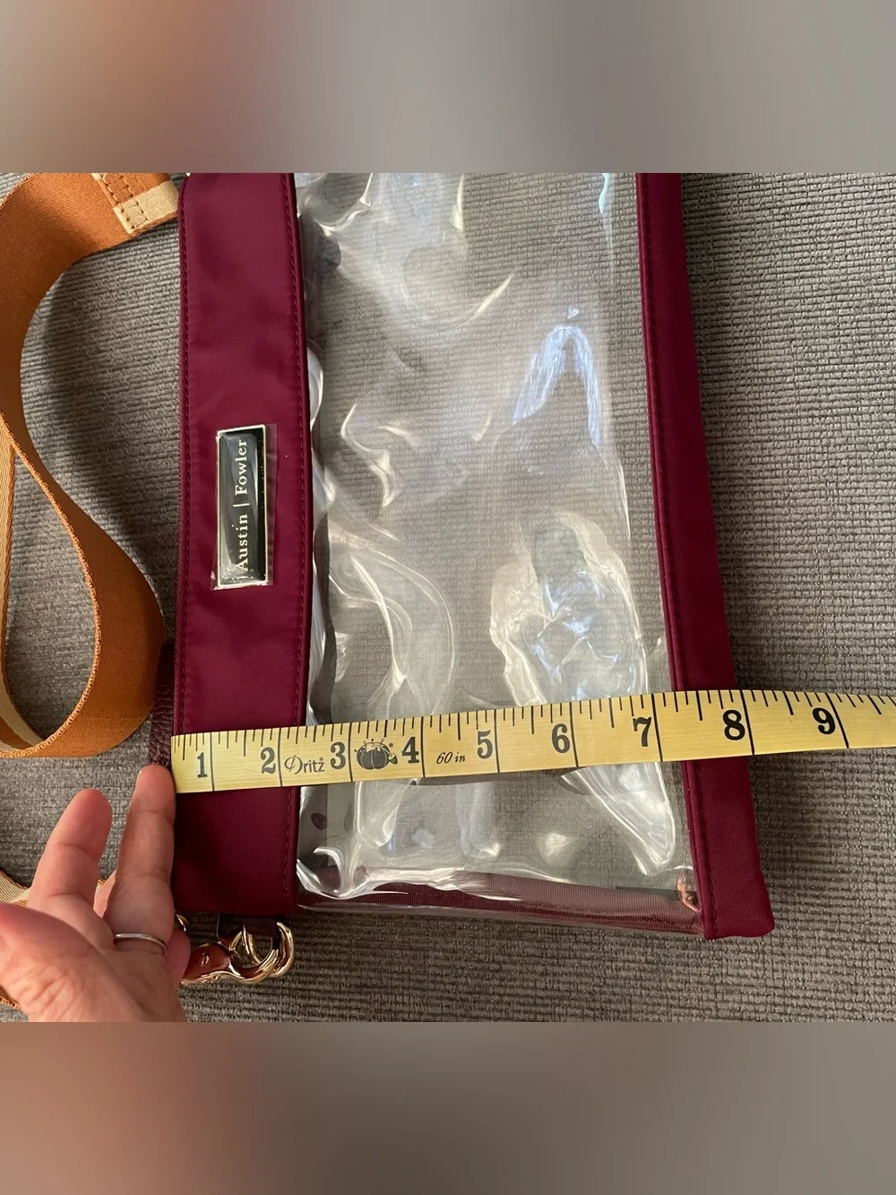 Austin / Flower Burgundy Clear Crossbody Bag with Striped Tan Strap